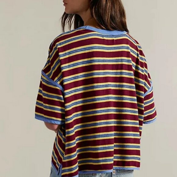 Free People We The Free Clean Rugby Tee Striped Printed Cropped Top L - Picture 2 of 2